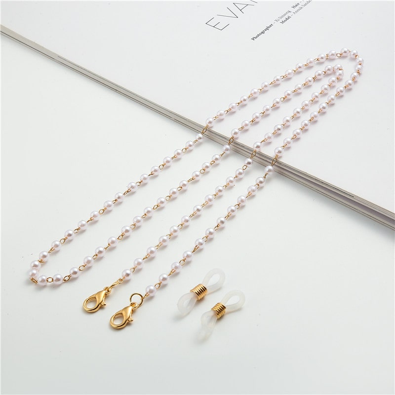chaine en perle pour lunette blanc or