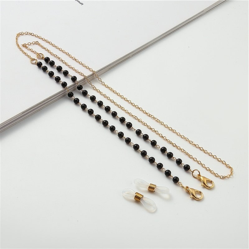chaine lunette femme perles noir et or